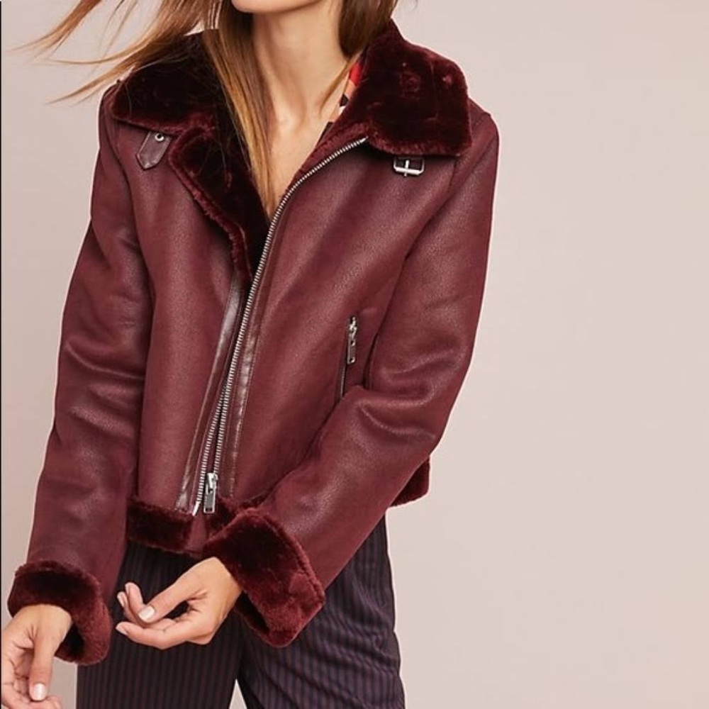 Maroon Anthropologie Shearling Jacket